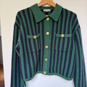 J.Crew Sweater Lady Jacket Chevron Stripe Green Navy Gold Button Cardigan